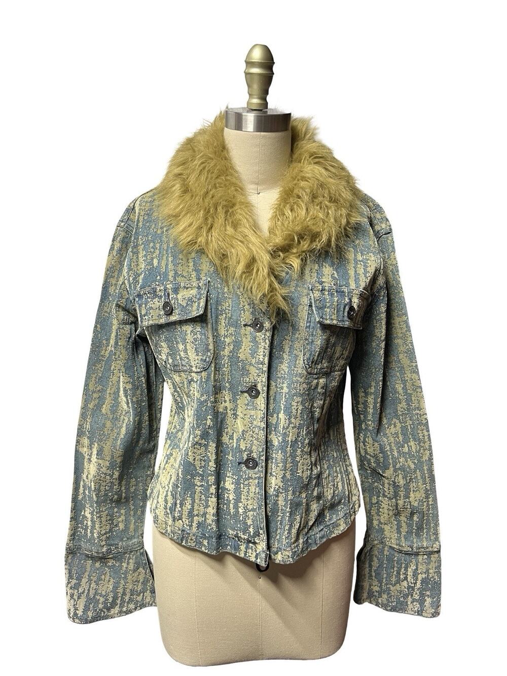 Vtg Blanc Noir Womens SZ Large Faux Fur Trim Denim Western Boho Jacket Y2K